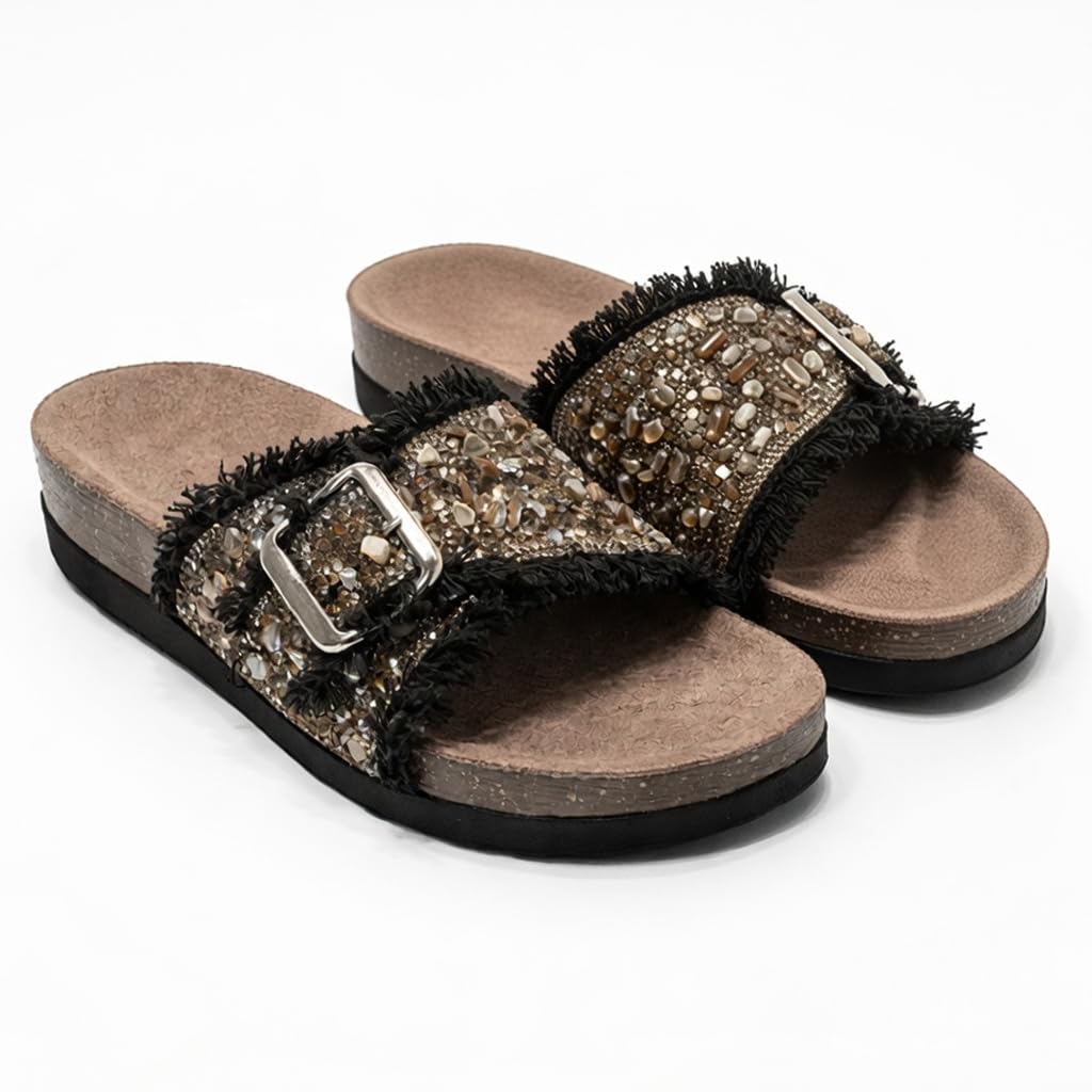 Women’s slippers decorated with golden crystals and a metal buckle – luxurious summer style with a comfortable suede sole – elegant design for daily outings.  - B3