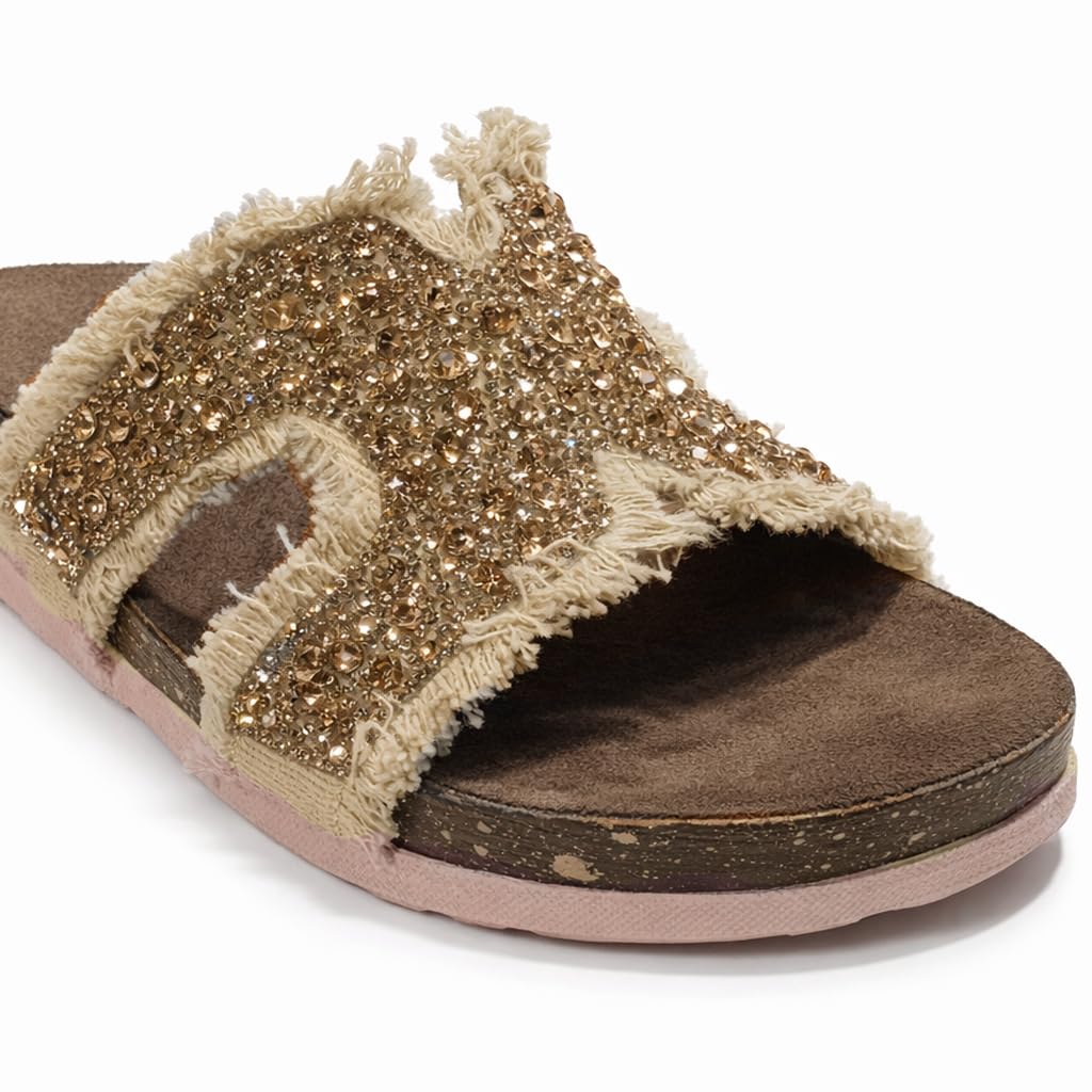 Women’s summer slippers decorated with crystals – comfortable orthopedic sole with soft suede material, elegant ladies’ style for outings and daily errands.  - B1