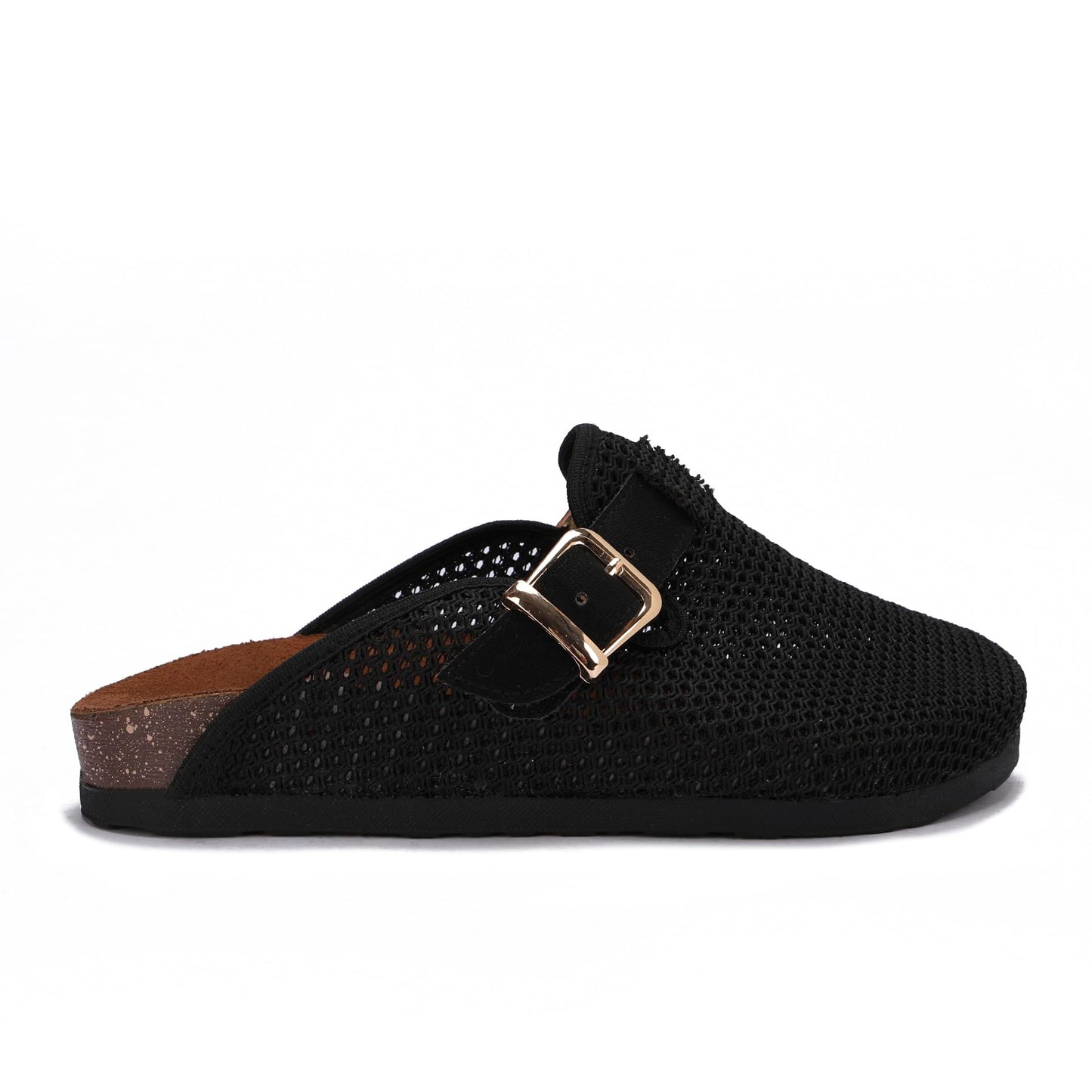 Comfortable women's slippers with a closed design, mesh upper, and side buckle.