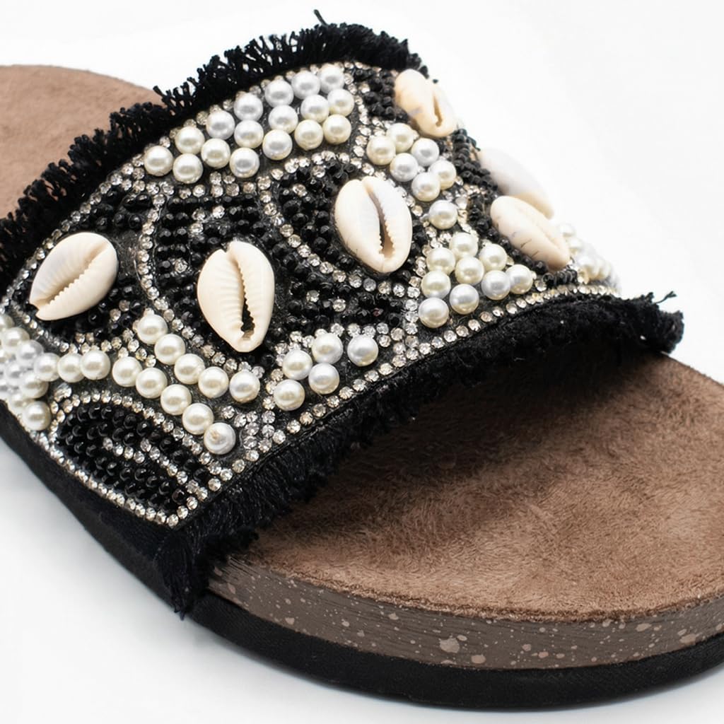 Women’s slippers decorated with pearls and natural shells – summer style with a comfortable suede sole – elegant design for outings and casual wear.  - B2