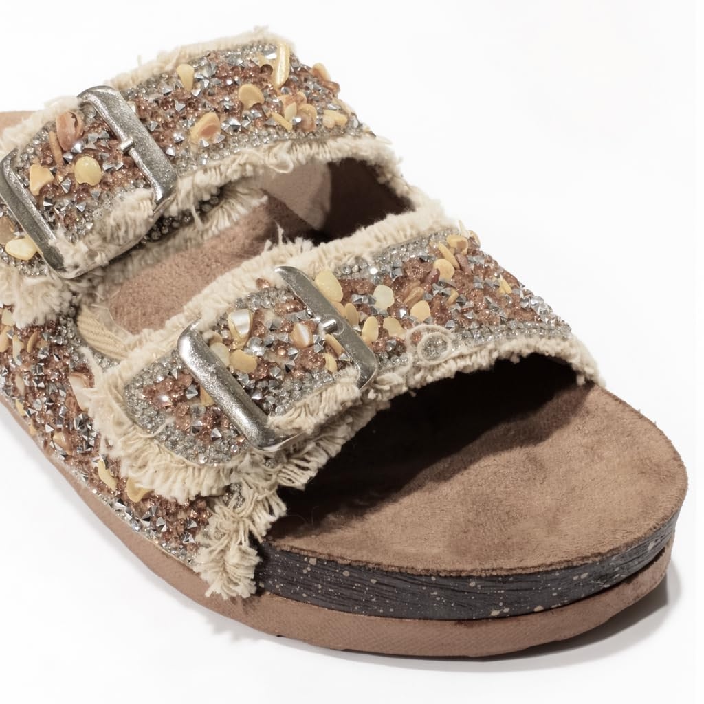 Women’s slippers featuring double metal buckles, decorated with crystals and beads – comfortable suede sole with anti-slip design for an elegant summer look- B4