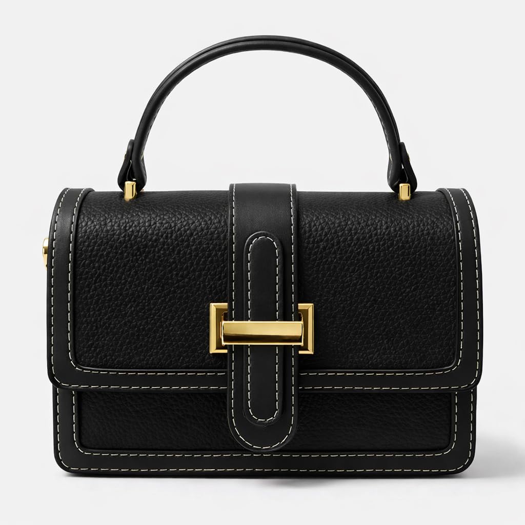 Red leather women’s handbag with a distinctive design, featuring a gold metal buckle and a top handle — suitable for work and special occasions.