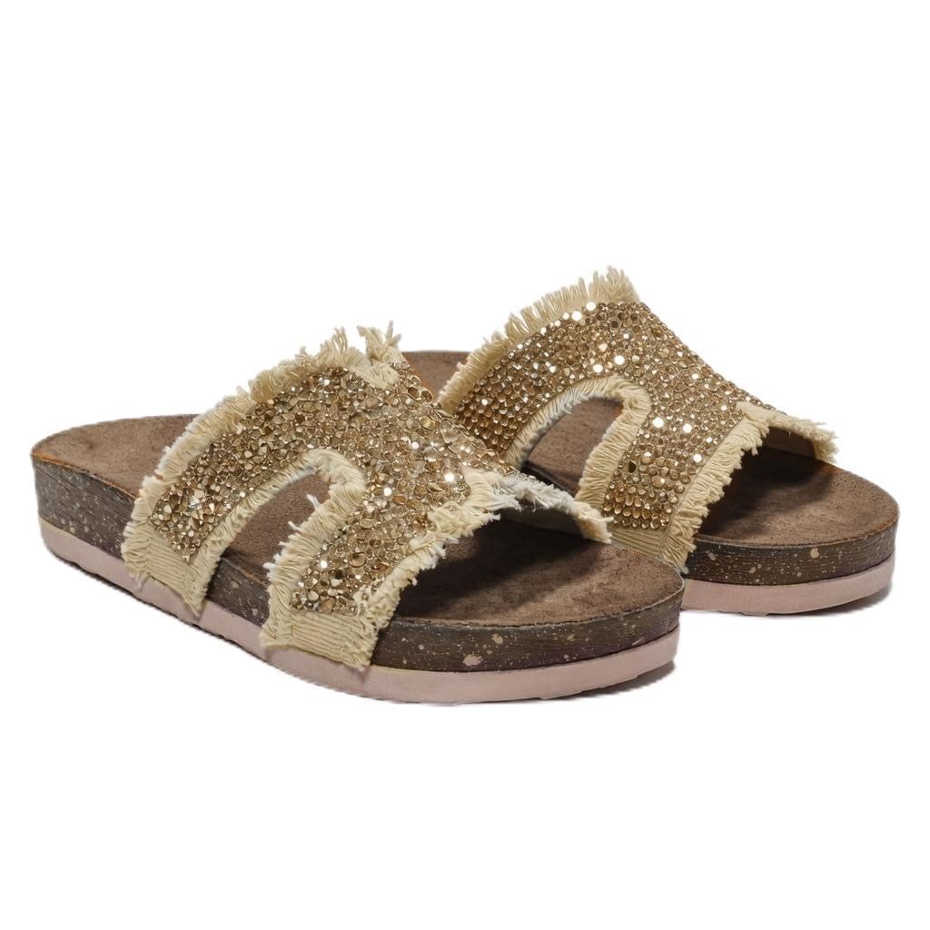 Women’s summer slippers decorated with crystals – comfortable orthopedic sole with soft suede material, elegant ladies’ style for outings and daily errands.  - B1