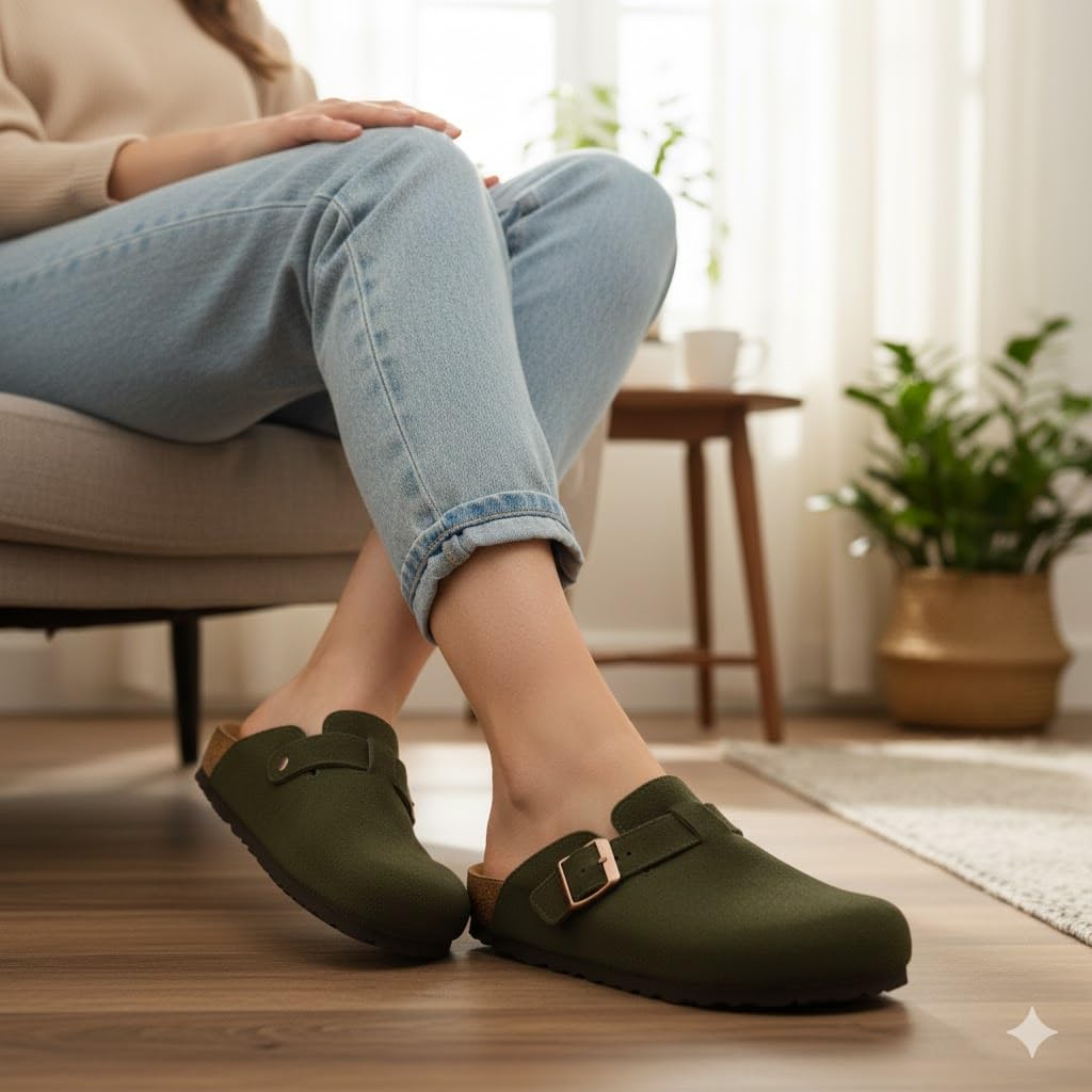 Stylish women's suede clogs with a buckle - slip-resistant and comfortable sole