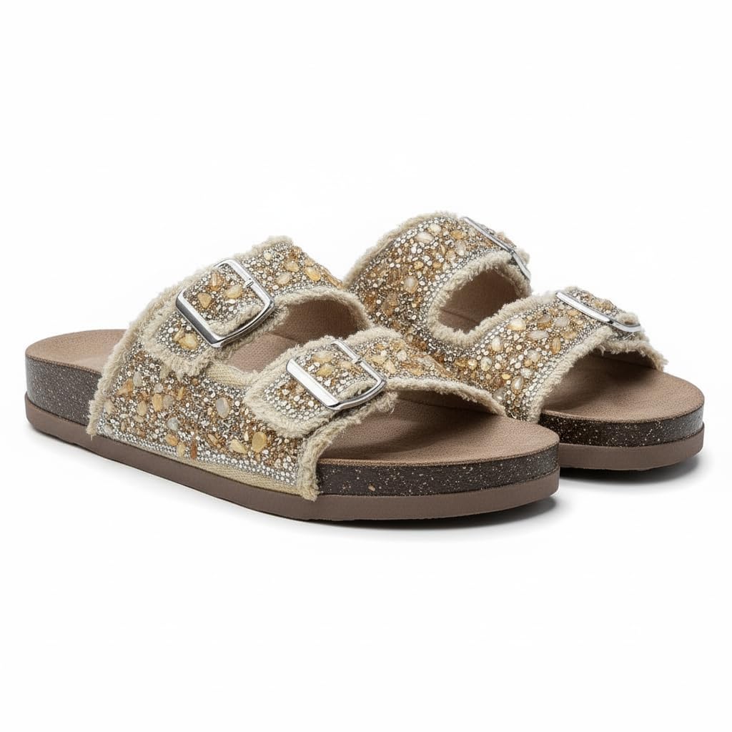 Women’s slippers featuring double metal buckles, decorated with crystals and beads – comfortable suede sole with anti-slip design for an elegant summer look- B4