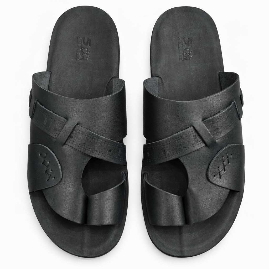 Men’s black leather slippers – modern multi-strap design with a comfortable, slip-resistant sole – ideal for daily and summer use - 309