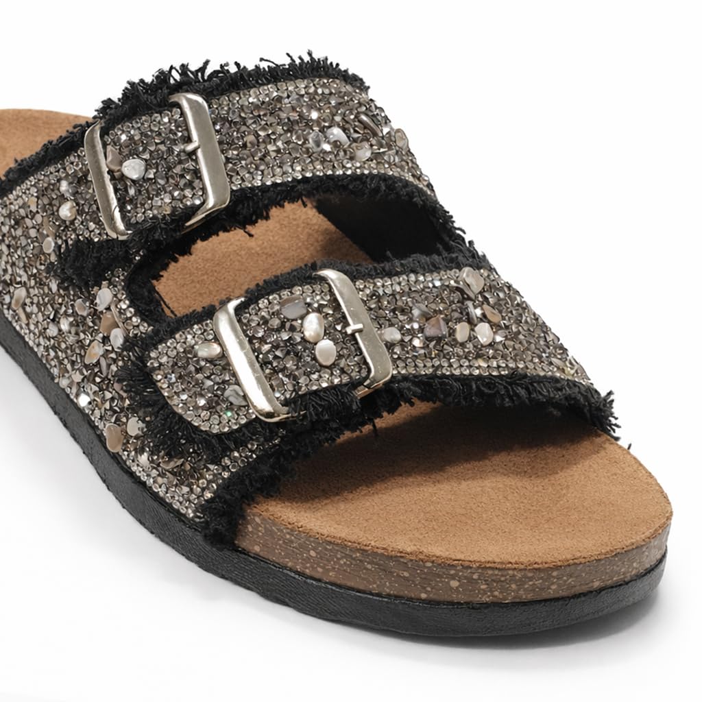 Women’s slippers featuring double metal buckles, decorated with crystals and beads – comfortable suede sole with anti-slip design for an elegant summer look- B4
