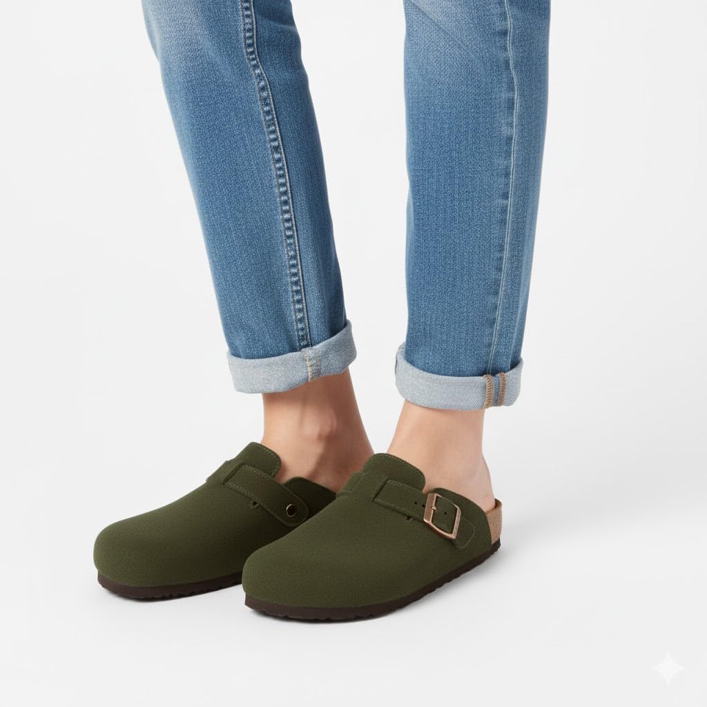 Stylish women's suede clogs with a buckle - slip-resistant and comfortable sole