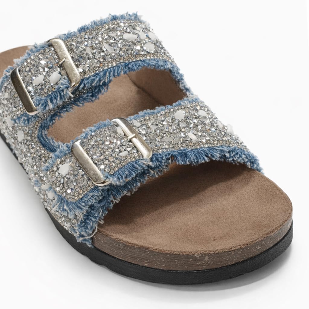 Women’s slippers featuring double metal buckles, decorated with crystals and beads – comfortable suede sole with anti-slip design for an elegant summer look- B4