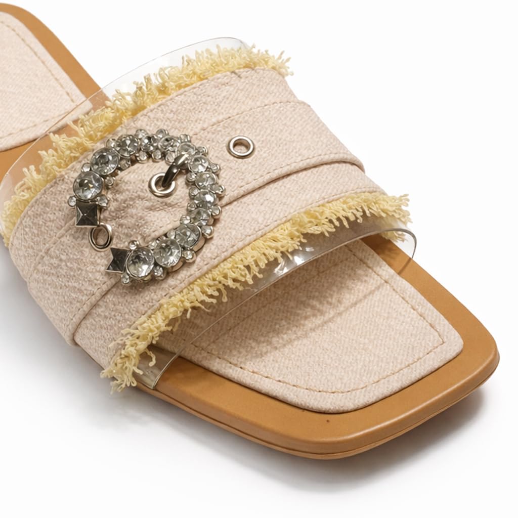 Elegant women’s slippers with a transparent strap and crystal details – summer square-toe design with a comfortable flat sole – modern style. - H25