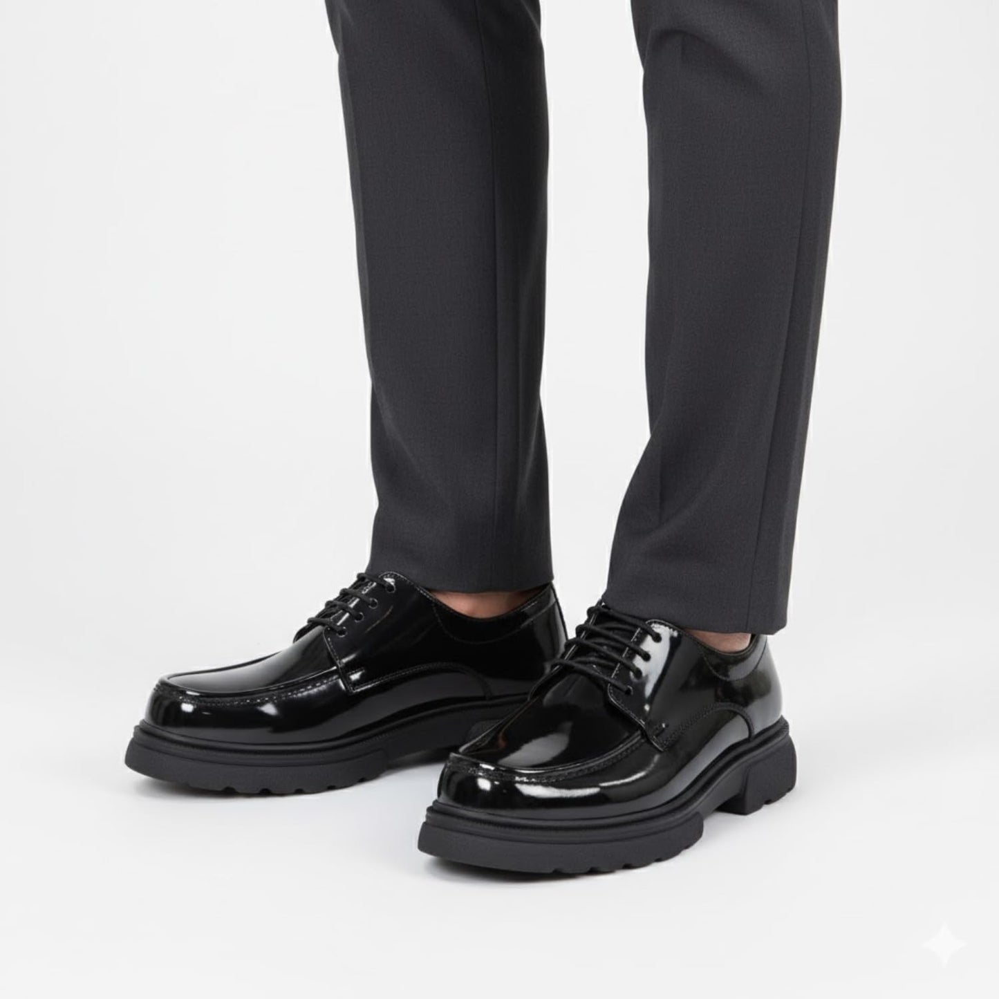 Men's patent leather lace-up boots with a non-slip rubber sole - glossy black