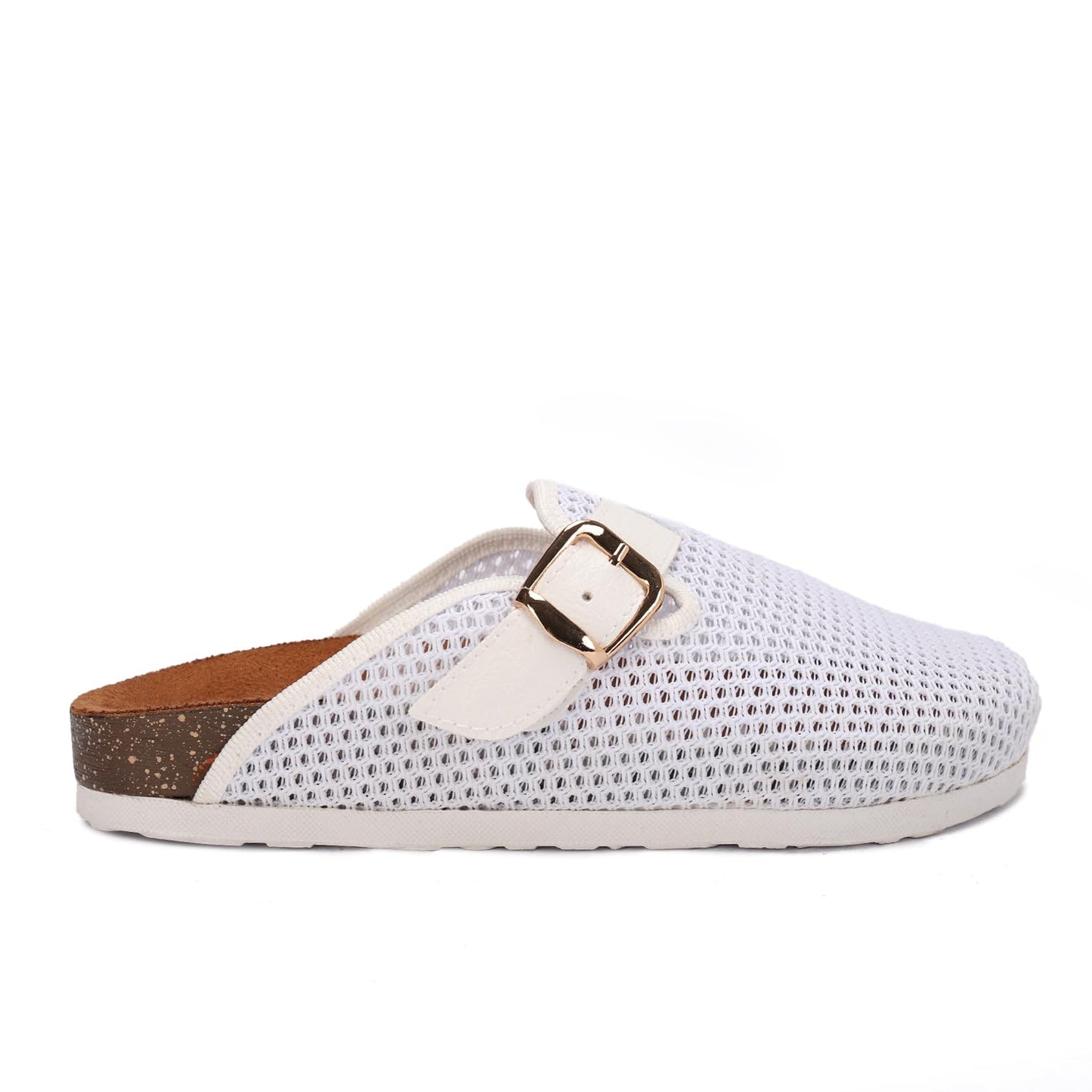 Comfortable women's slippers with a closed design, mesh upper, and side buckle.