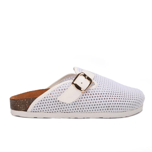 Comfortable women's slippers with a closed design, mesh upper, and side buckle.