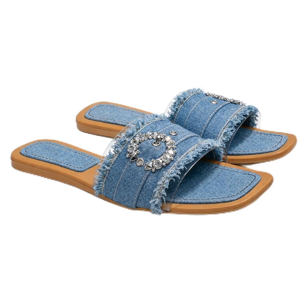 Elegant women’s slippers with a transparent strap and crystal details – summer square-toe design with a comfortable flat sole – modern style. - H25