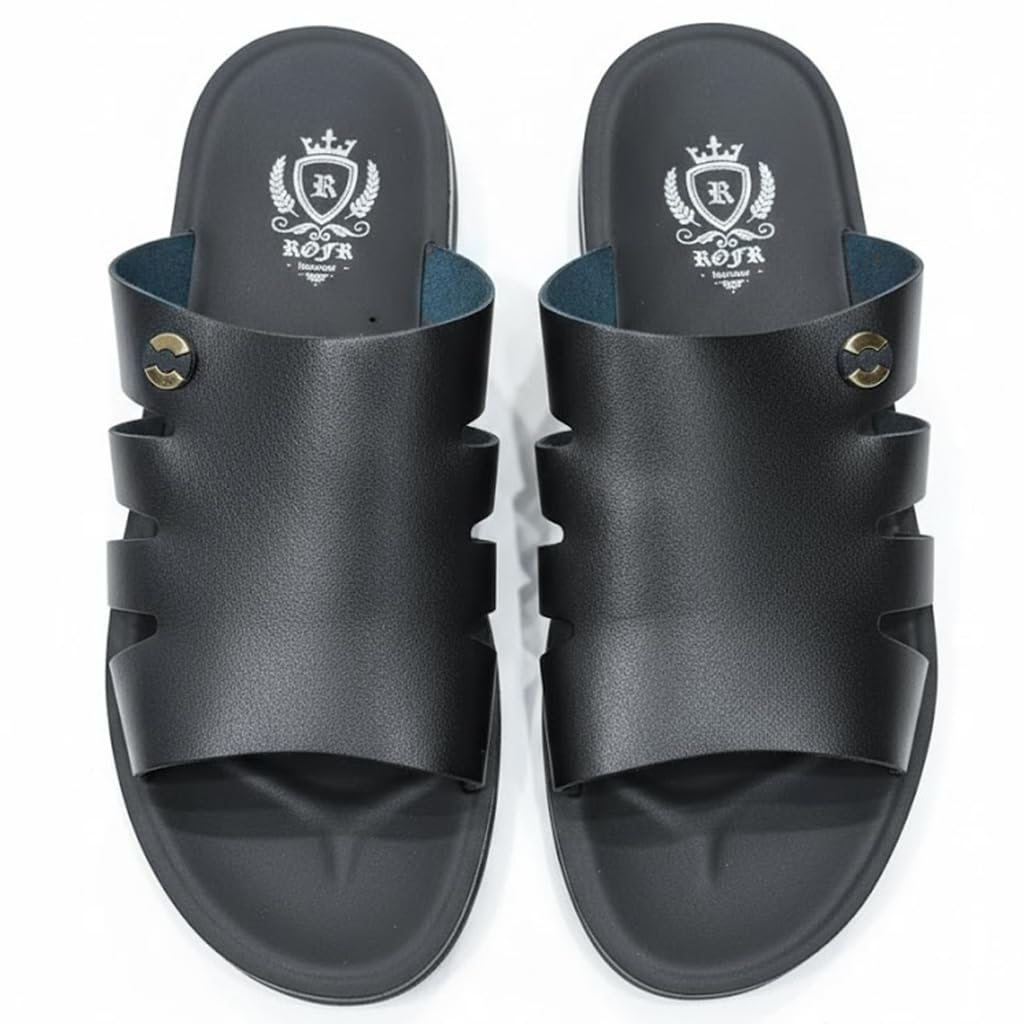 Men’s black leather slippers – modern multi-strap design with a comfortable, slip-resistant sole – ideal for daily and summer use.   - 624