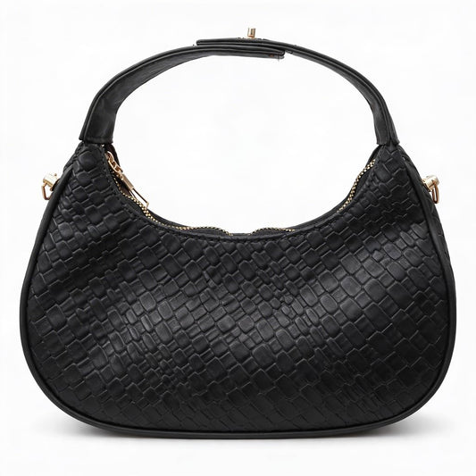 Luxurious Black-colored women’s shoulder bag with a woven leather pattern, featuring a top zipper and a comfortable strap – suitable for daily outings and evening events.