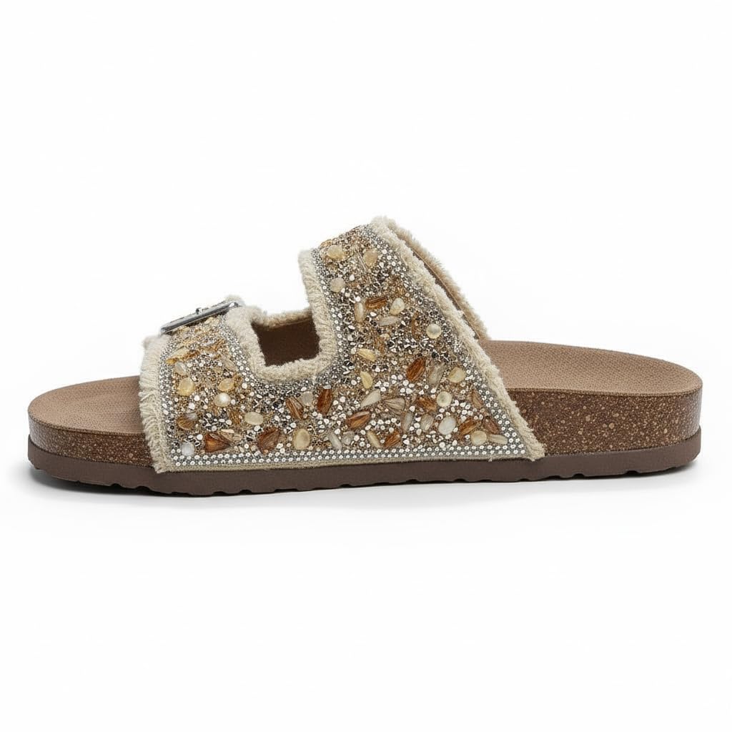 Women’s slippers featuring double metal buckles, decorated with crystals and beads – comfortable suede sole with anti-slip design for an elegant summer look- B4