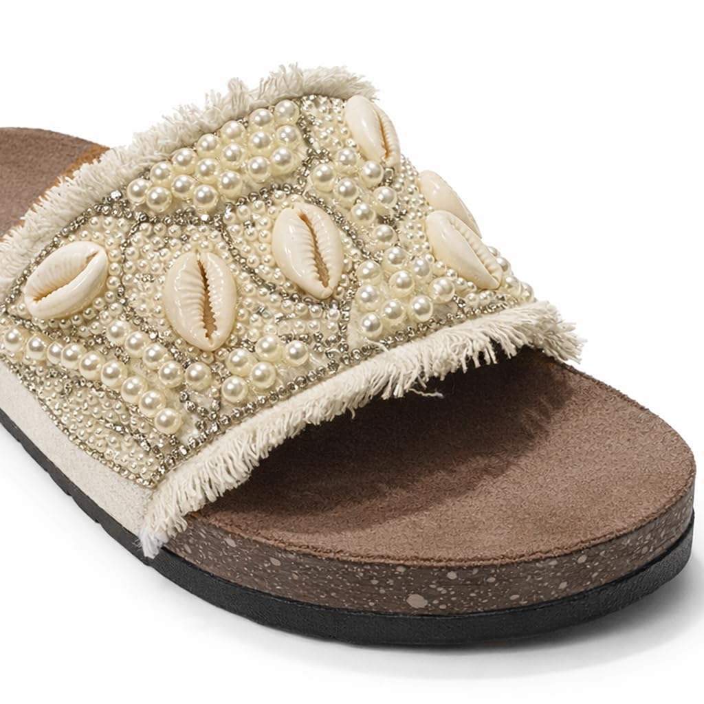 Women’s slippers decorated with pearls and natural shells – summer style with a comfortable suede sole – elegant design for outings and casual wear.  - B2