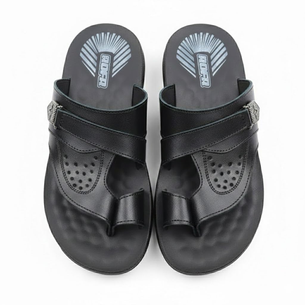 Men’s black leather slippers – modern, comfortable design with high-quality material and a cushioned orthopedic sole – perfect for daily use and errands.  - 522