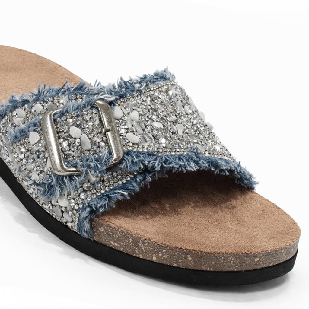 Women’s slippers decorated with golden crystals and a metal buckle – luxurious summer style with a comfortable suede sole – elegant design for daily outings.  - B3