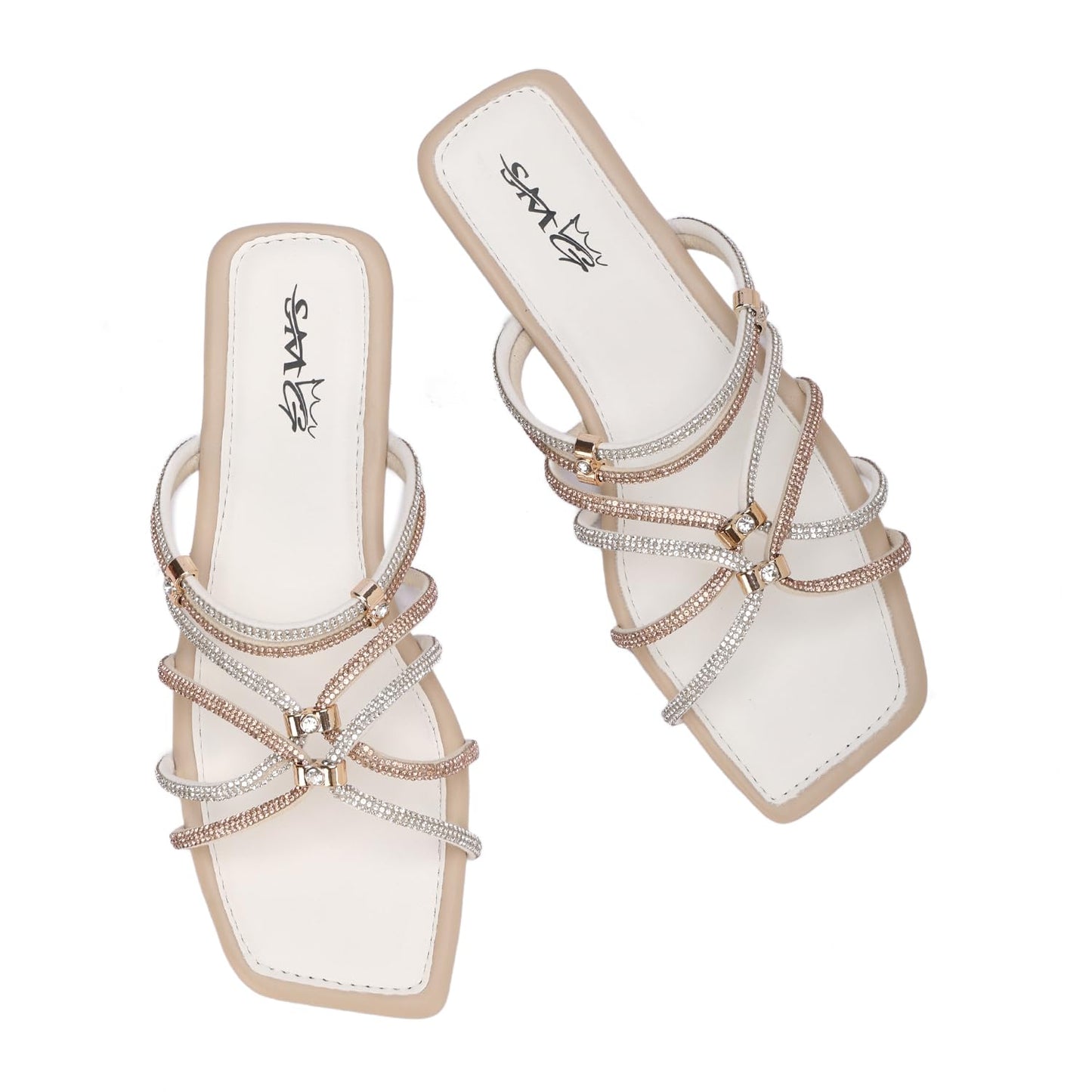 Stylish women's slippers with sparkling rhinestones and a flat heel - equipped with a comfortable sole
