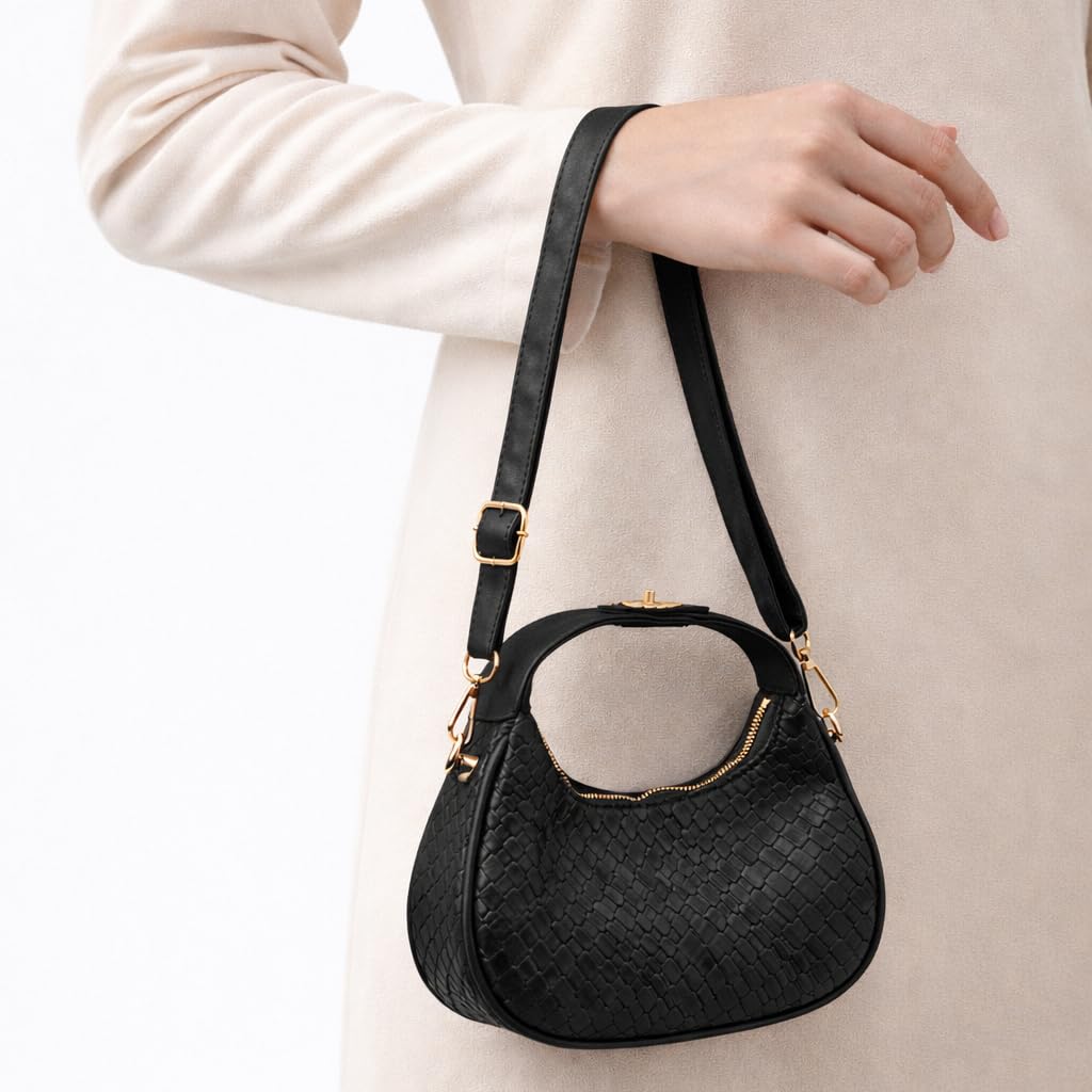 Luxurious  women’s shoulder bag with a woven leather pattern, featuring a top zipper and a comfortable strap – suitable for daily outings and evening events.