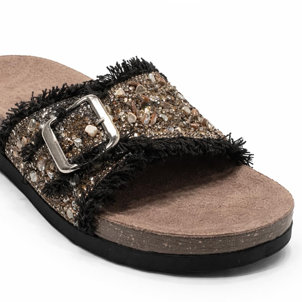 Women’s slippers decorated with golden crystals and a metal buckle – luxurious summer style with a comfortable suede sole – elegant design for daily outings.  - B3