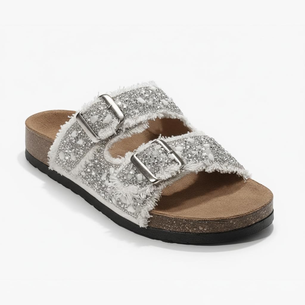 Women’s slippers featuring double metal buckles, decorated with crystals and beads – comfortable suede sole with anti-slip design for an elegant summer look- B4