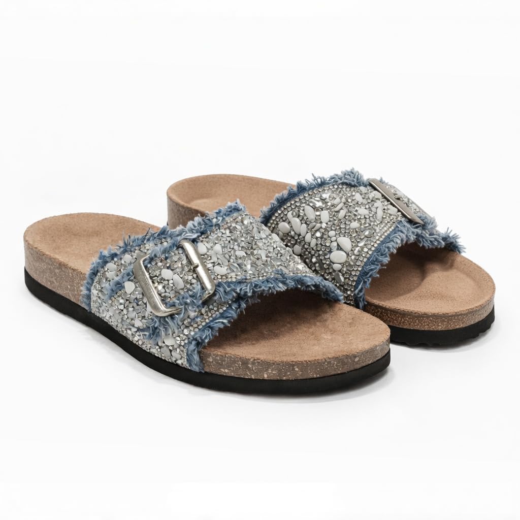 Women’s slippers decorated with golden crystals and a metal buckle – luxurious summer style with a comfortable suede sole – elegant design for daily outings.  - B3