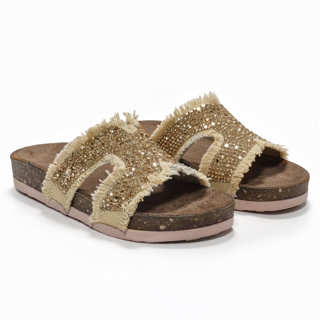 Women’s summer slippers decorated with crystals – comfortable orthopedic sole with soft suede material, elegant ladies’ style for outings and daily errands.  - B1