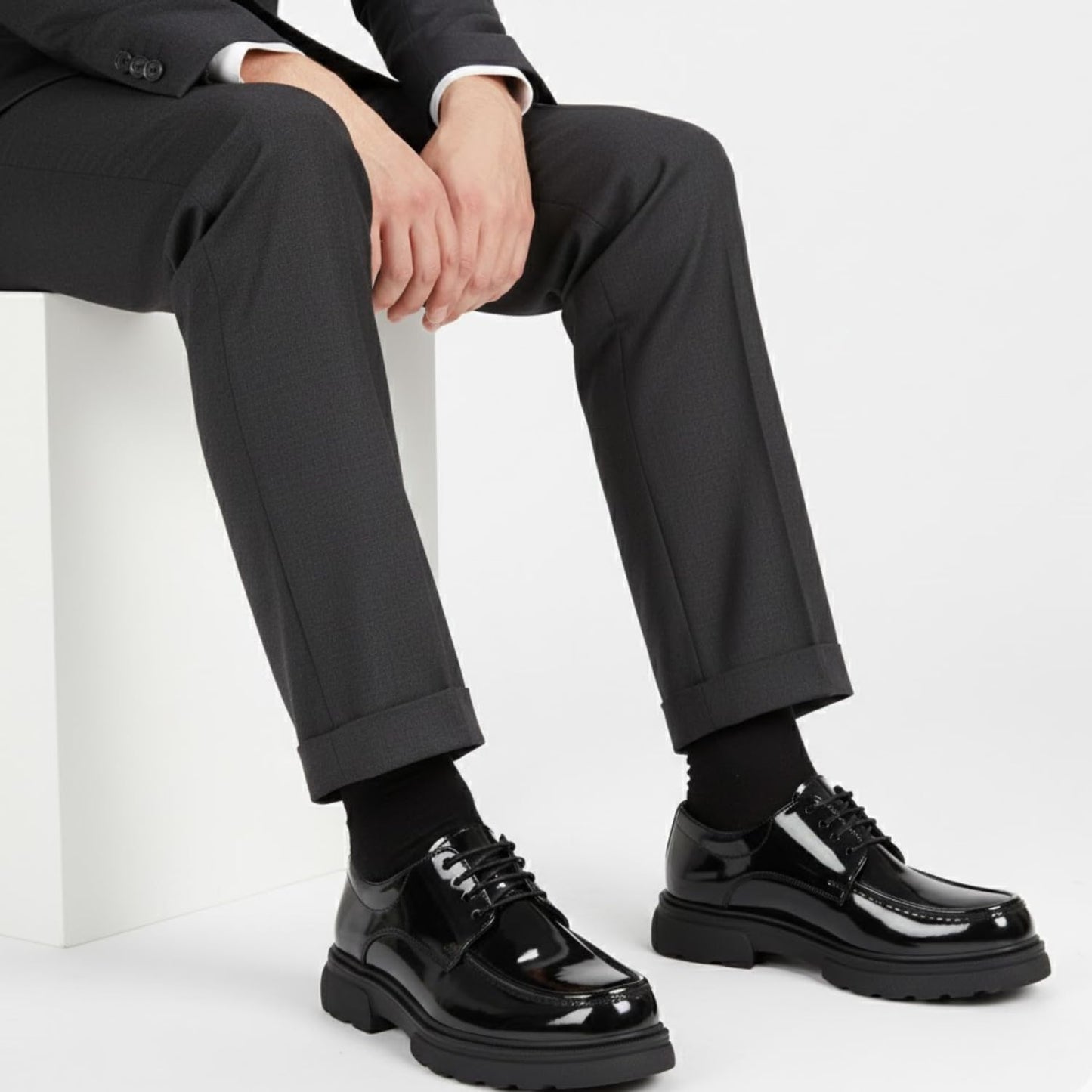Men's patent leather lace-up boots with a non-slip rubber sole - glossy black