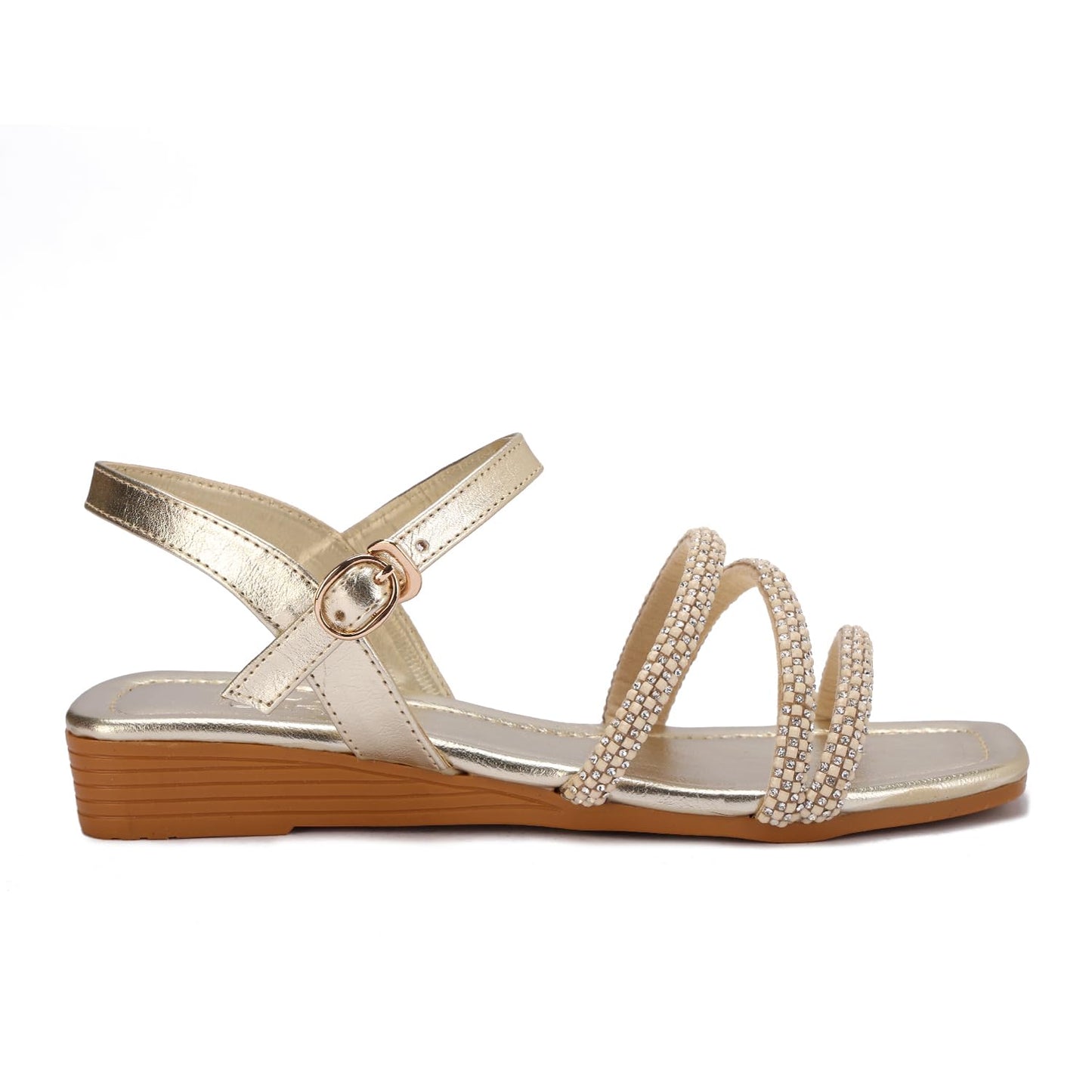 Elegant women's sandals with thin, embellished straps and a buckle design.