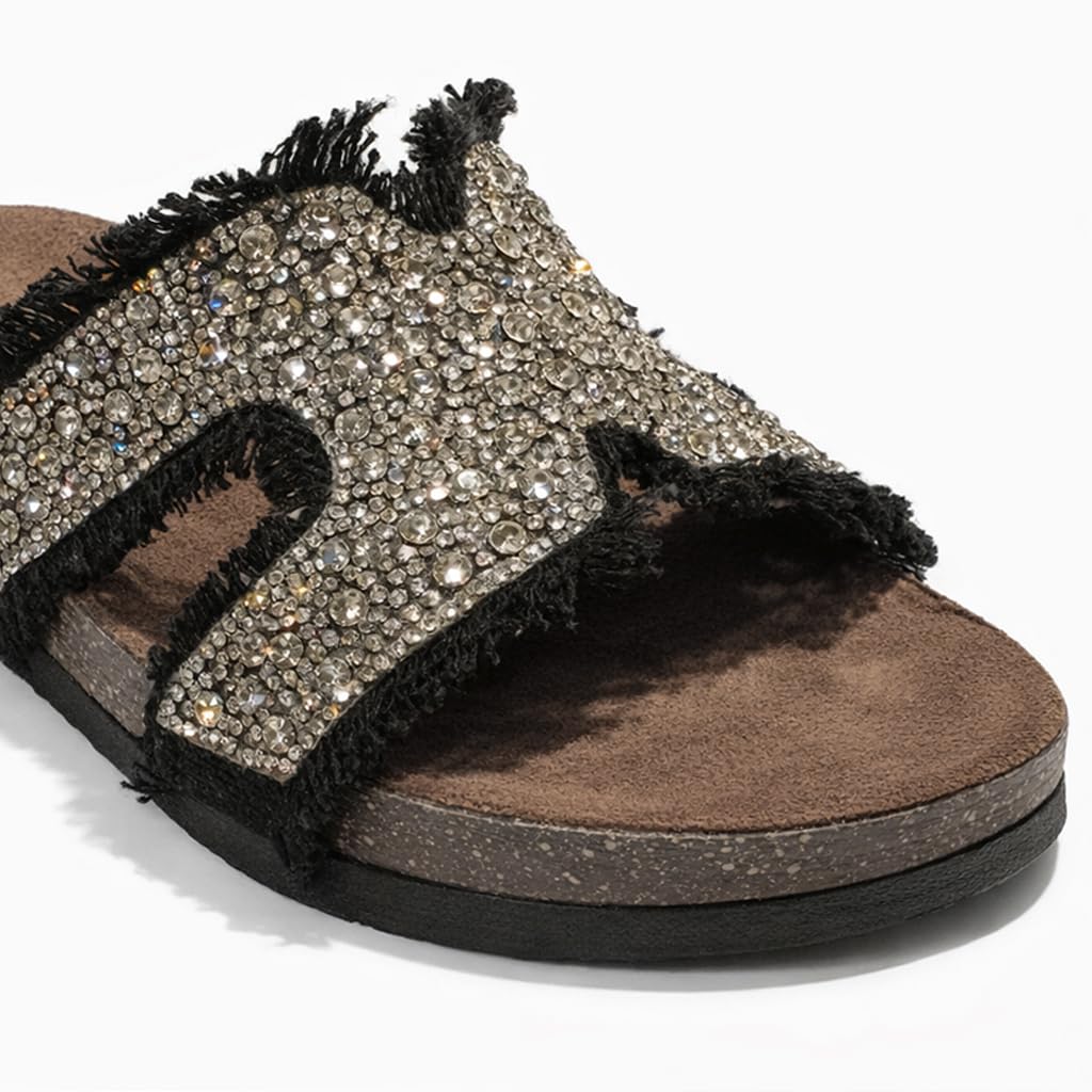 Women’s summer slippers decorated with crystals – comfortable orthopedic sole with soft suede material, elegant ladies’ style for outings and daily errands.  - B1