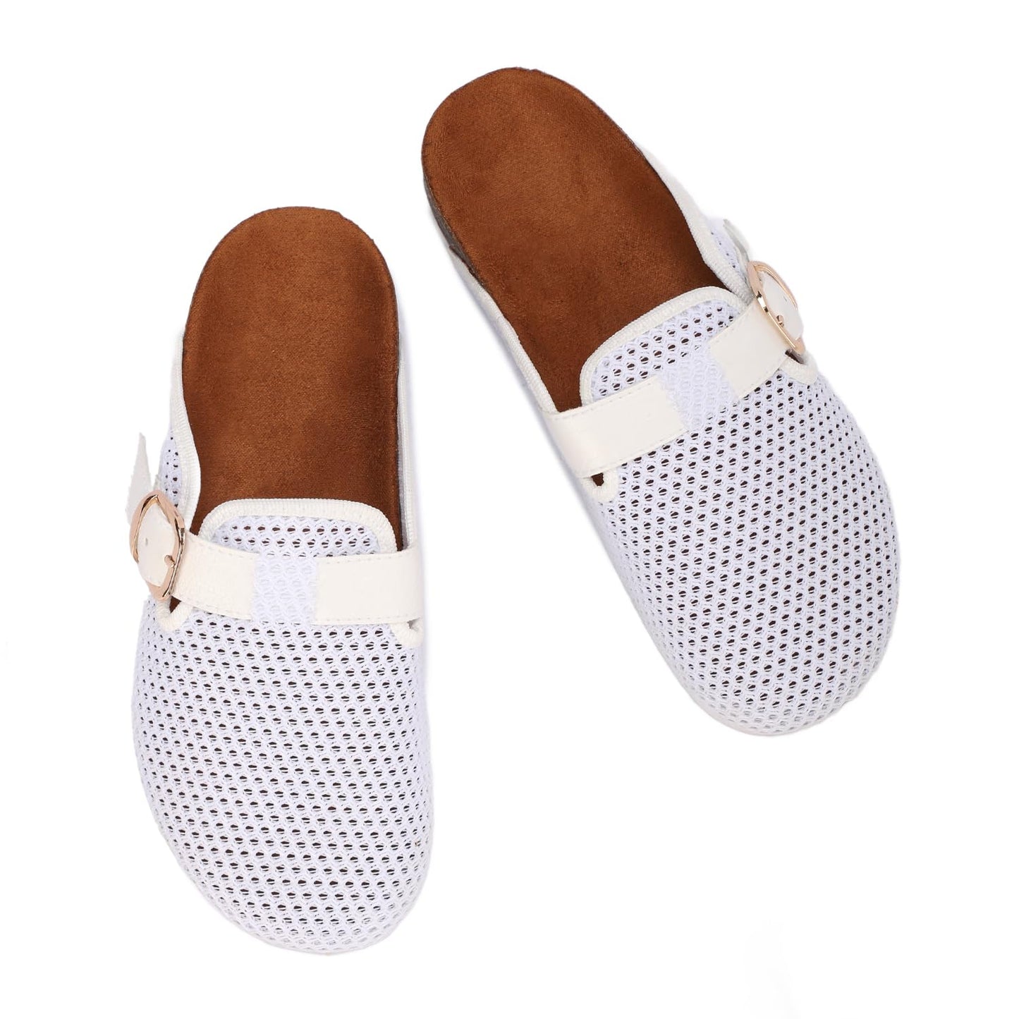 Comfortable women's slippers with a closed design, mesh upper, and side buckle.