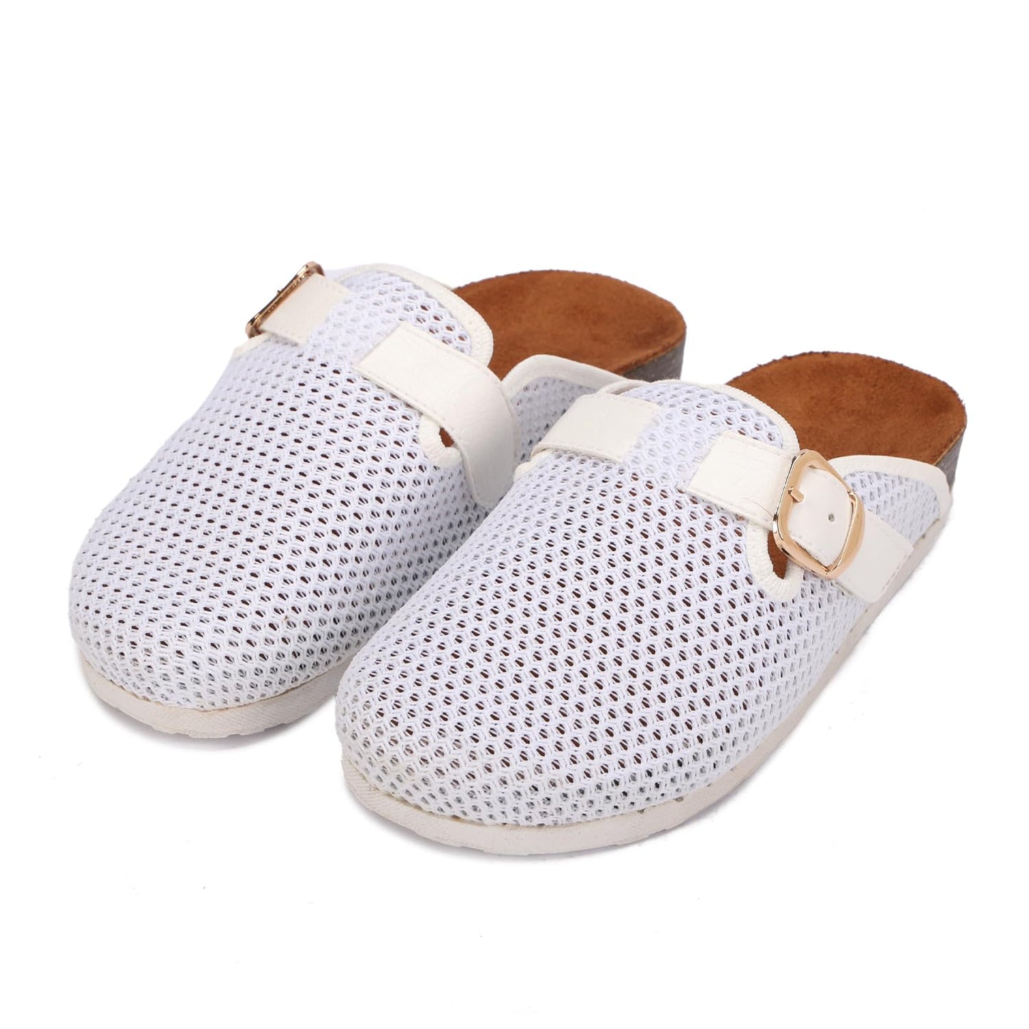 Comfortable women's slippers with a closed design, mesh upper, and side buckle.