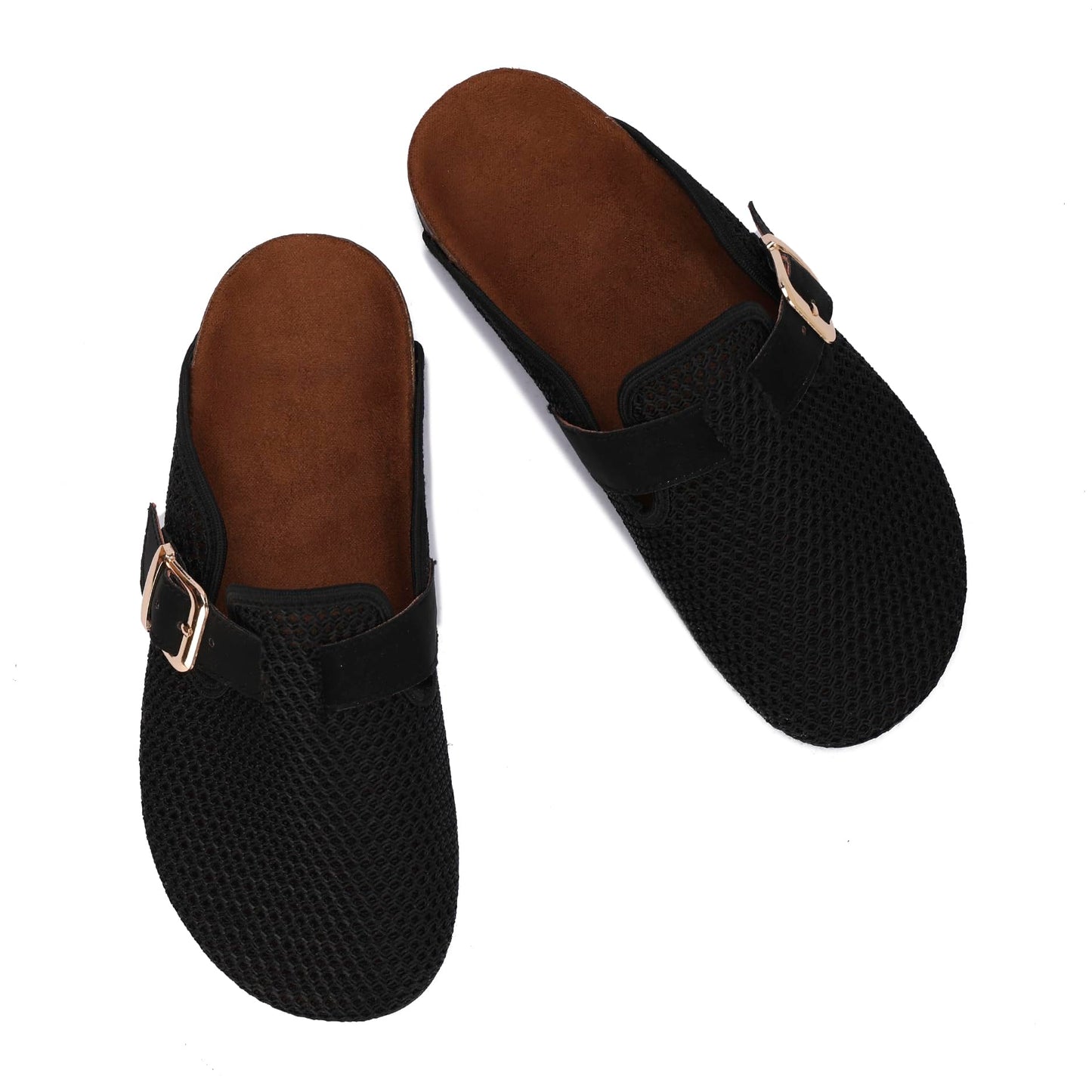 Comfortable women's slippers with a closed design, mesh upper, and side buckle.