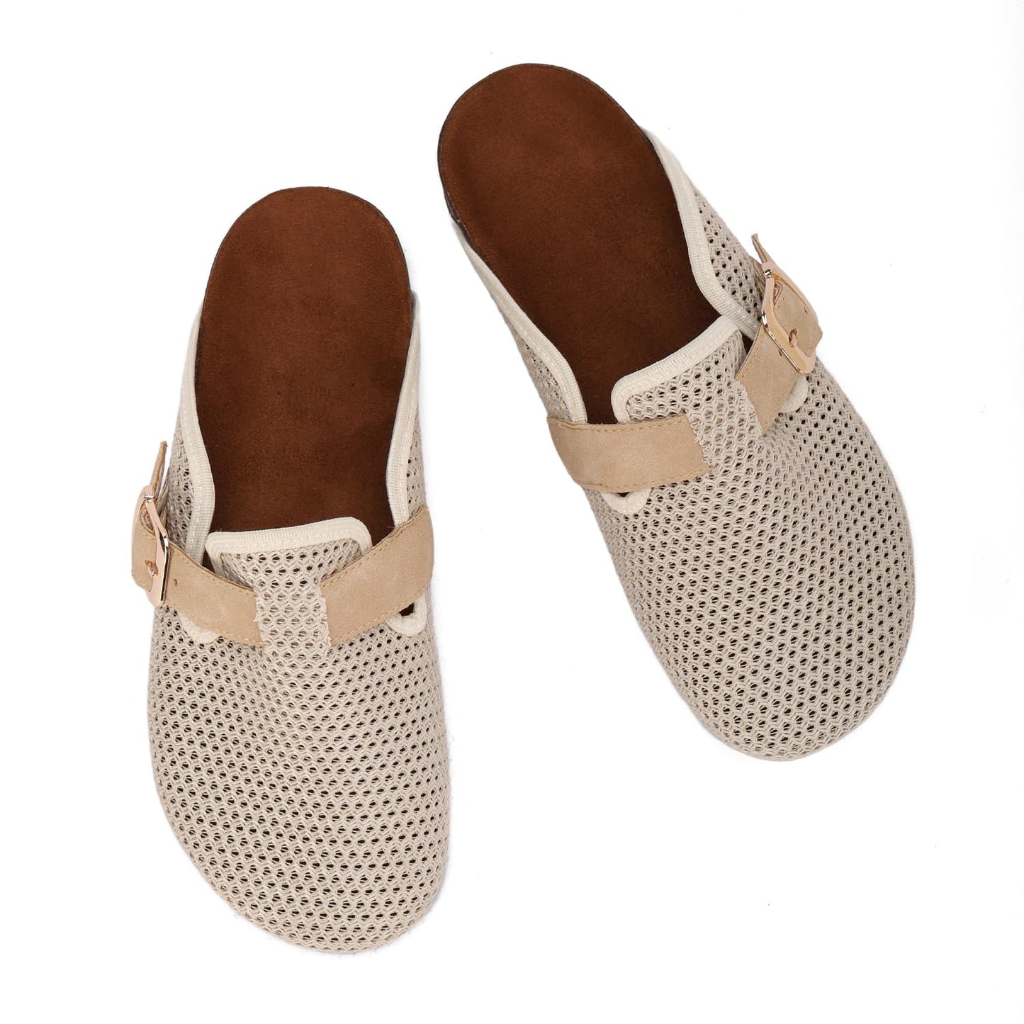 Comfortable women's slippers with a closed design, mesh upper, and side buckle.
