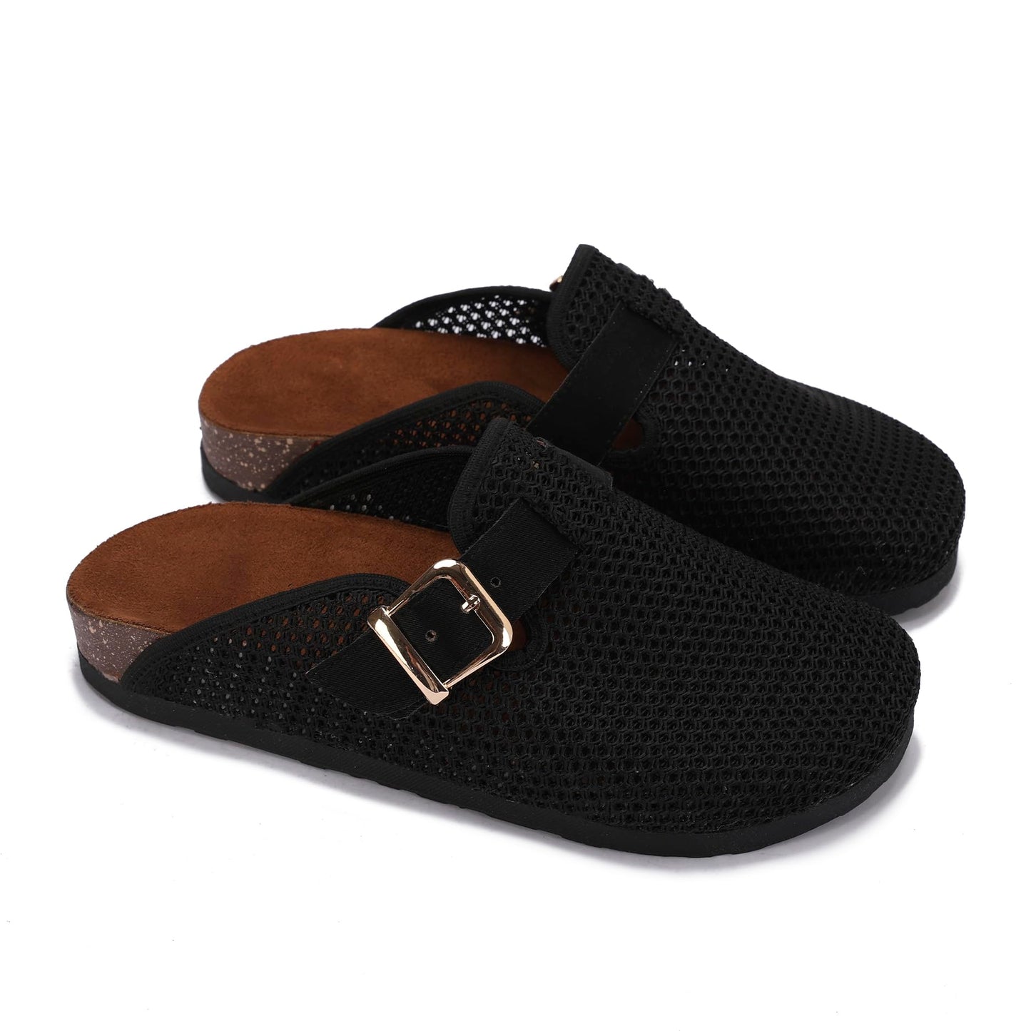 Comfortable women's slippers with a closed design, mesh upper, and side buckle.