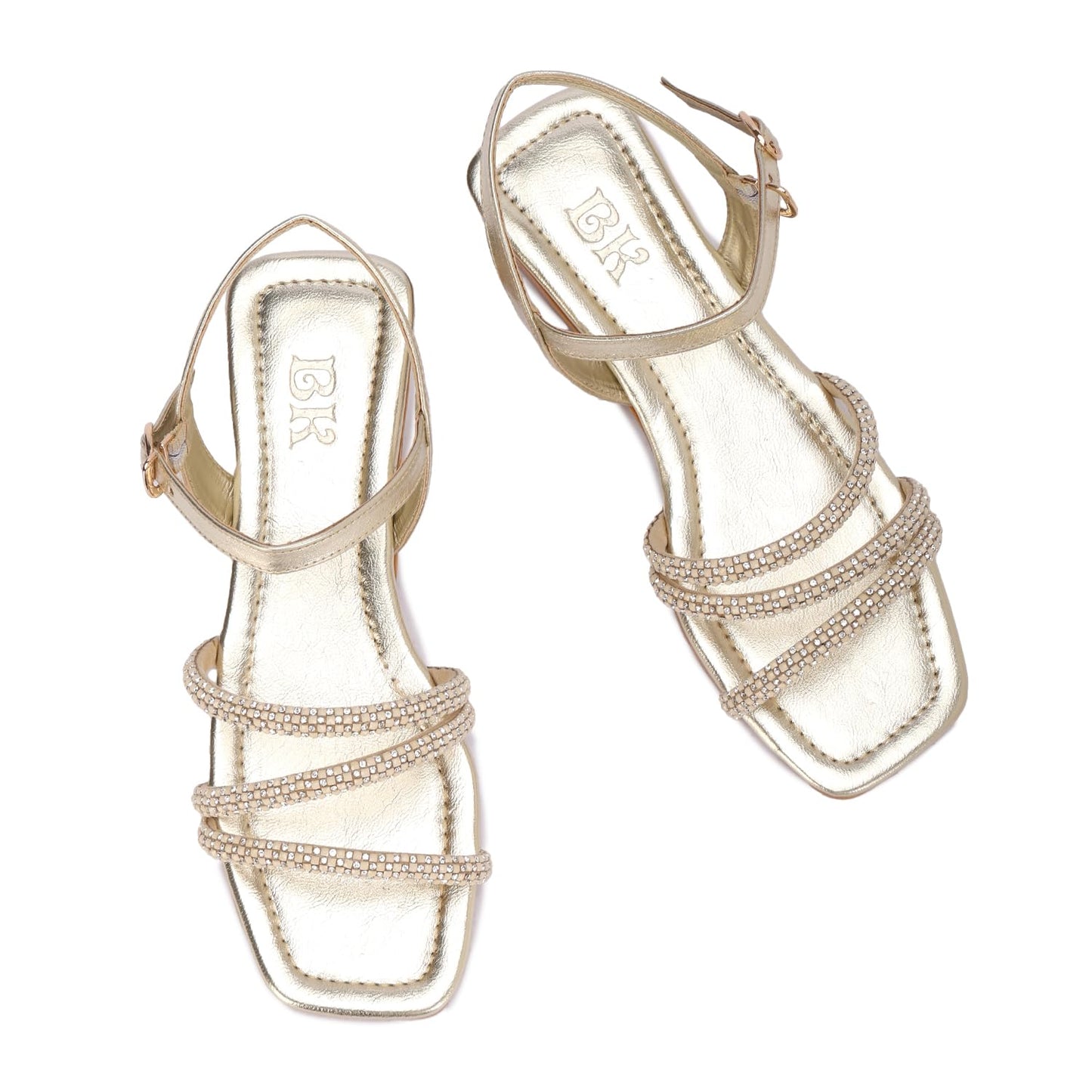 Elegant women's sandals with thin, embellished straps and a buckle design.