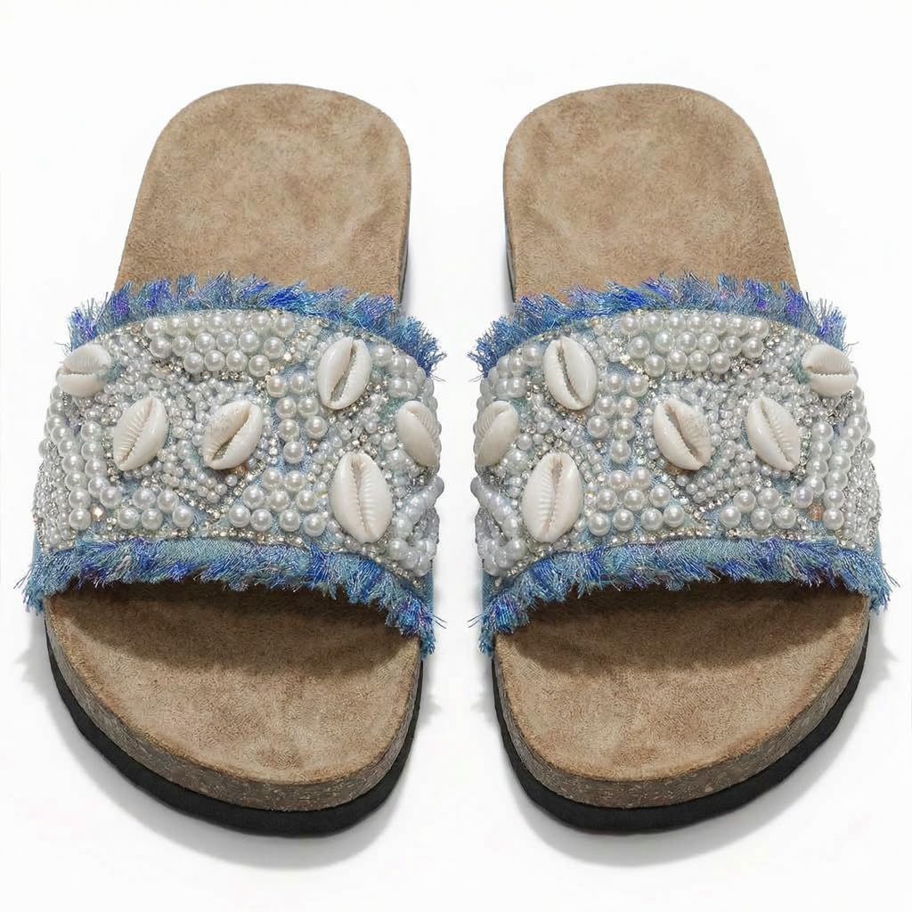 Women’s slippers decorated with pearls and natural shells – summer style with a comfortable suede sole – elegant design for outings and casual wear.  - B2