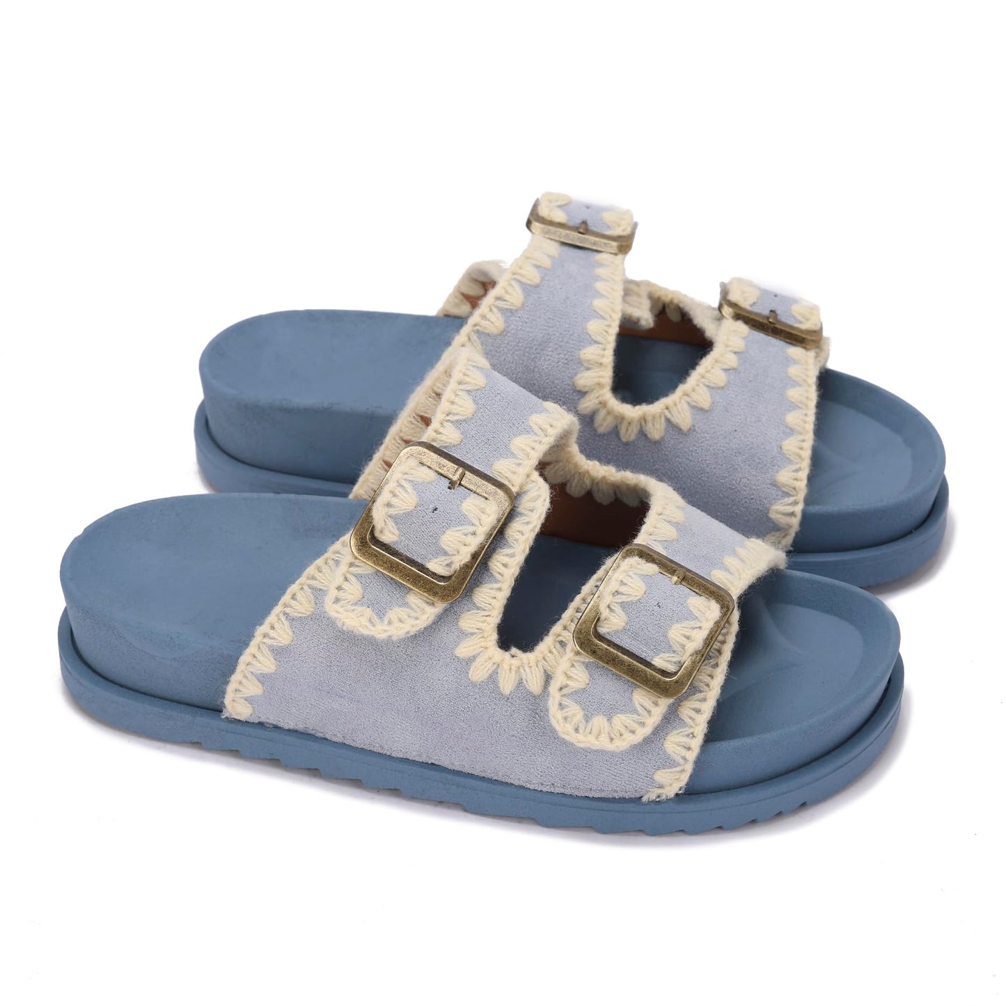 Women's summer slippers with a double design and stylish buckle – available with a comfortable sole