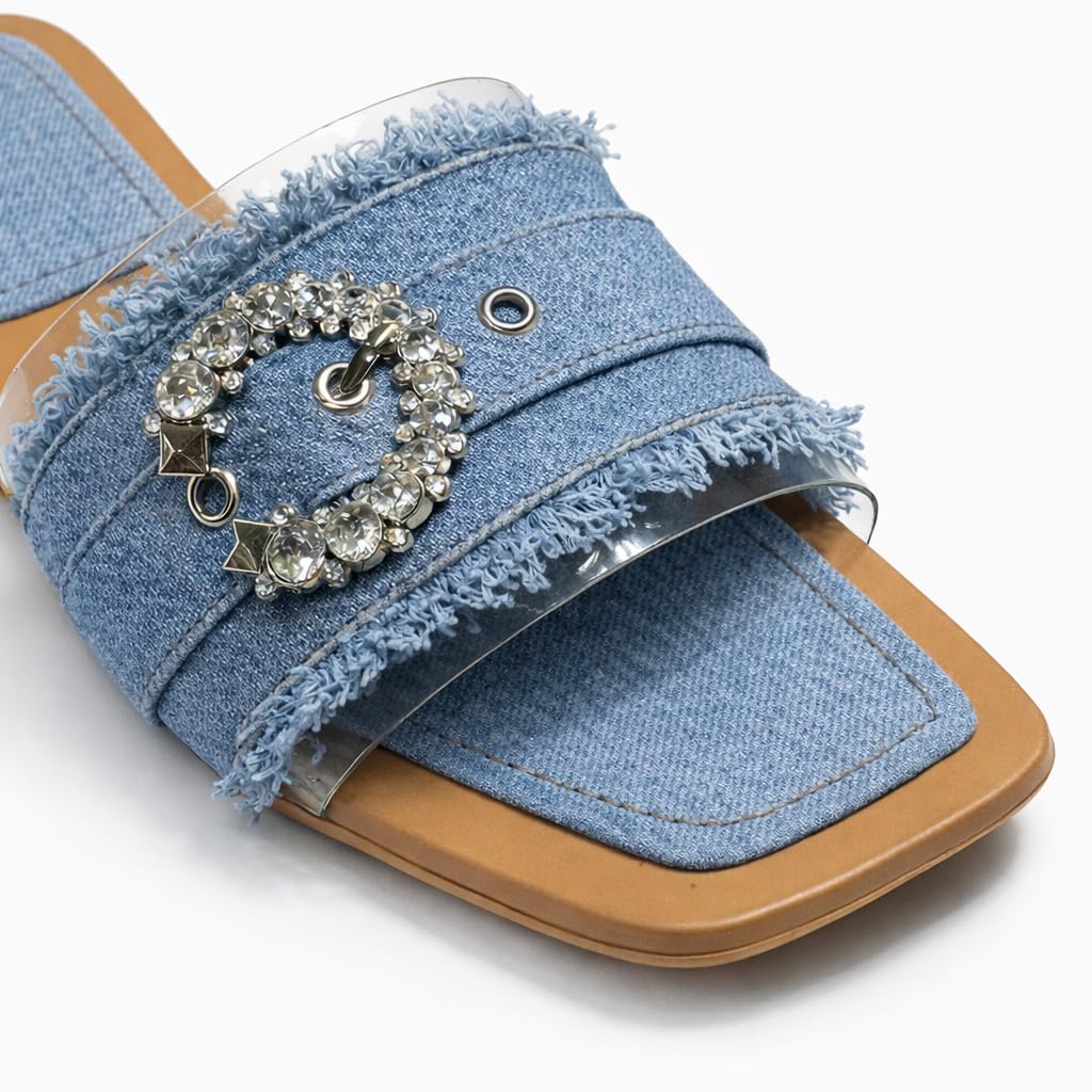 Elegant women’s slippers with a transparent strap and crystal details – summer square-toe design with a comfortable flat sole – modern style. - H25