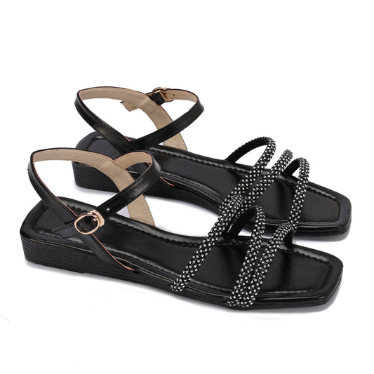 Elegant women's sandals with thin, embellished straps and a buckle design.