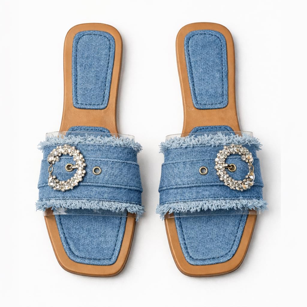 Elegant women’s slippers with a transparent strap and crystal details – summer square-toe design with a comfortable flat sole – modern style. - H25