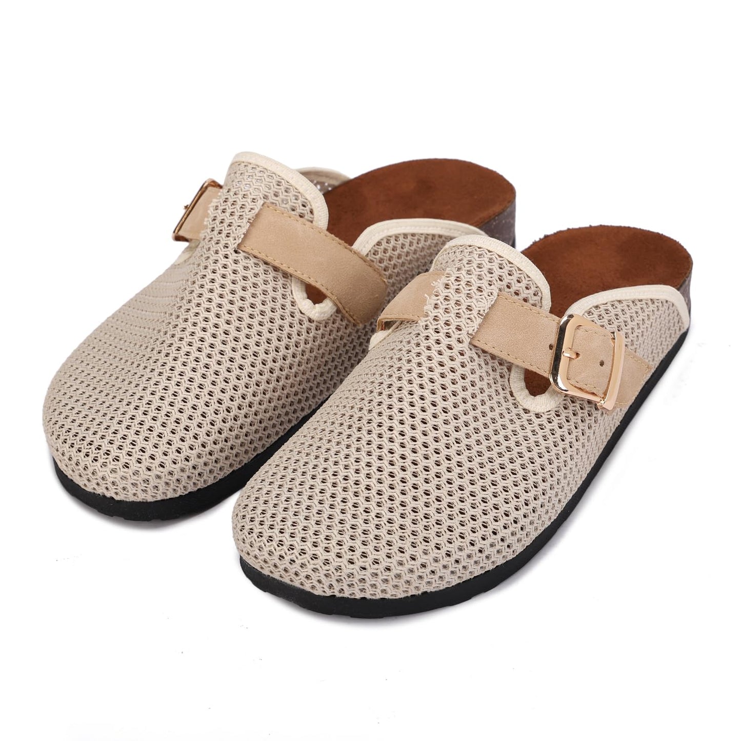 Comfortable women's slippers with a closed design, mesh upper, and side buckle.