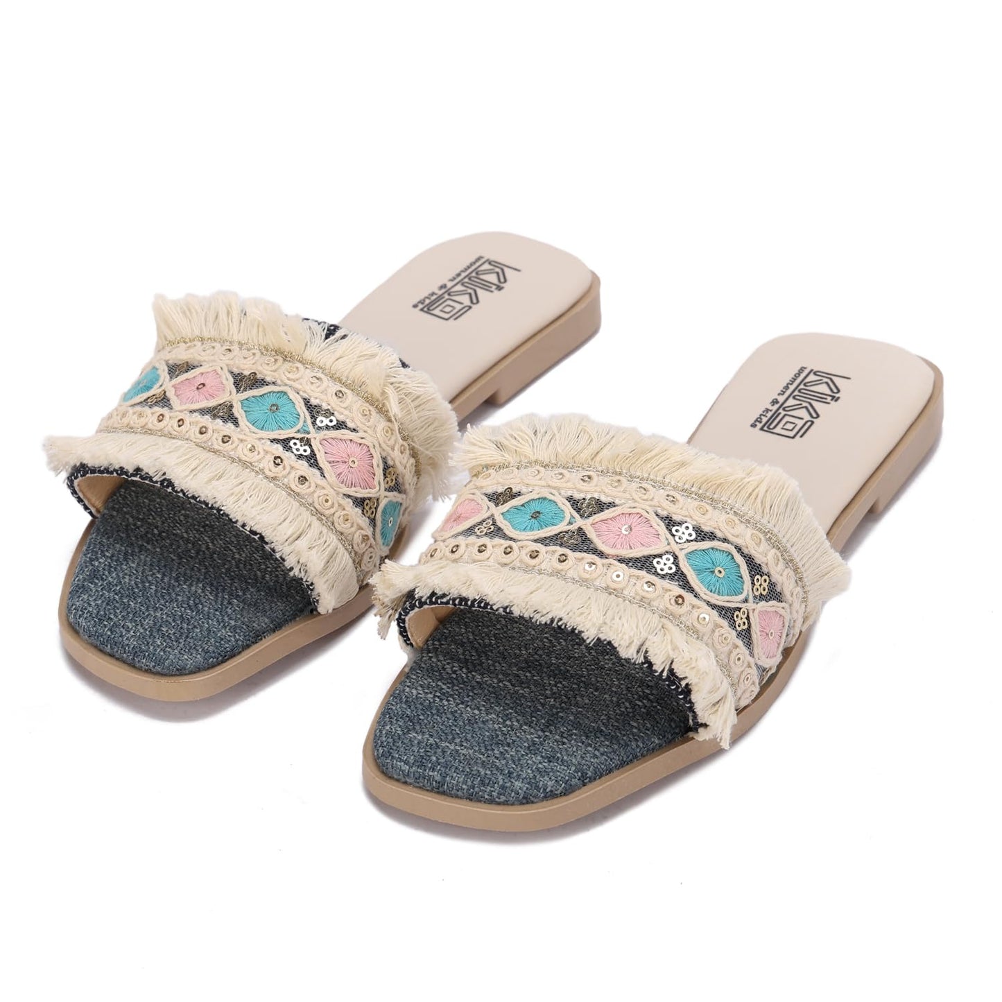 Women's summer slippers with bohemian embroidery - available in various colors and sizes