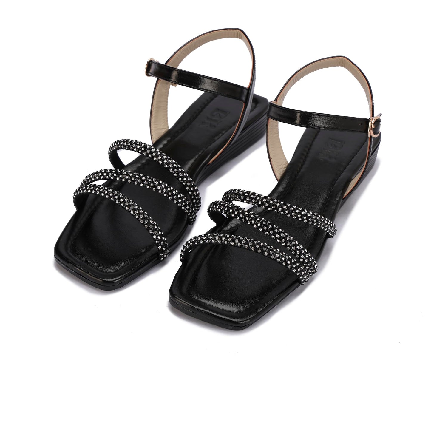 Elegant women's sandals with thin, embellished straps and a buckle design.