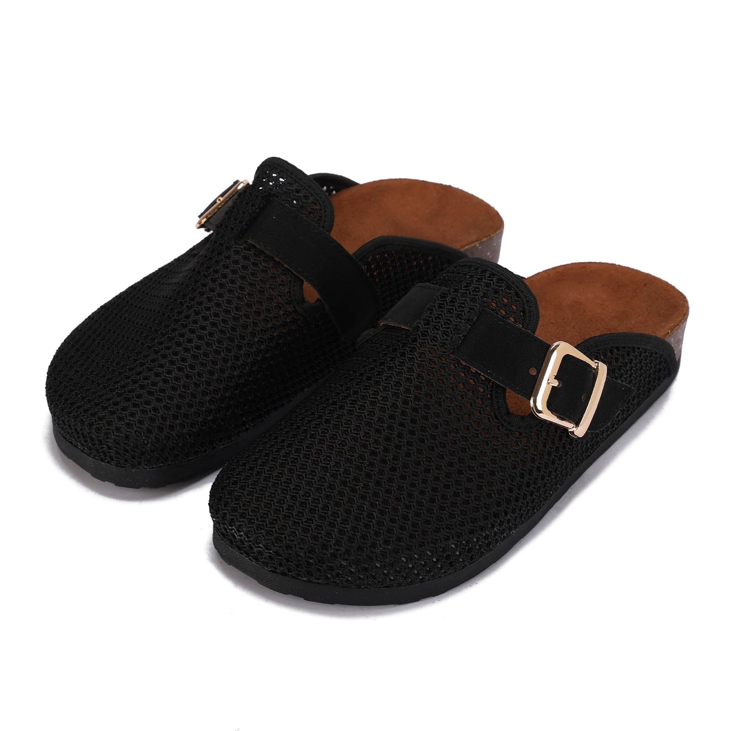 Comfortable women's slippers with a closed design, mesh upper, and side buckle.