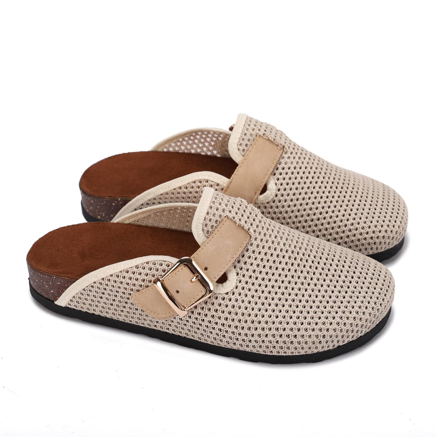 Comfortable women's slippers with a closed design, mesh upper, and side buckle.
