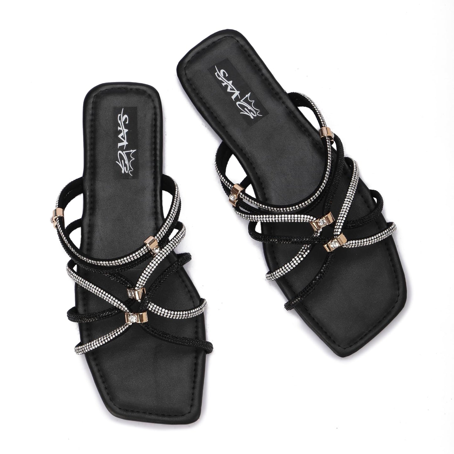 Stylish women's slippers with sparkling rhinestones and a flat heel - equipped with a comfortable sole